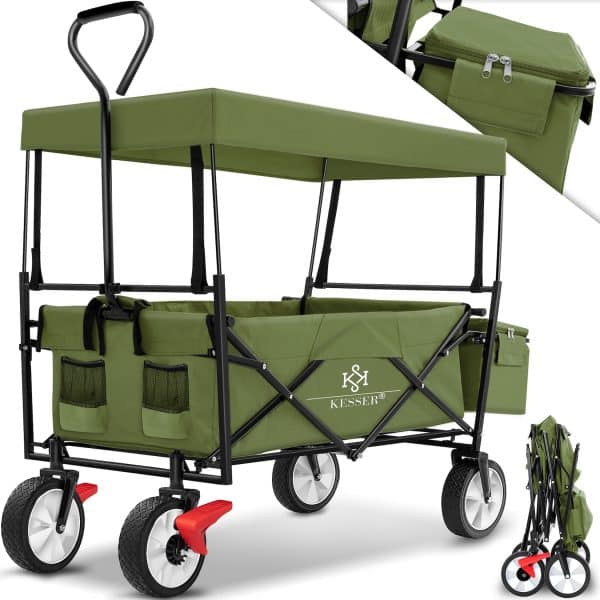 KESSER® Bollerwagen faltbar mit Dach Handwagen Transportkarre Gerätewagen   inkl. 2 Netztaschen und Einer Außentasche   klappbar   Vollgummi-Reifen   bis 100 kg Tragkraft   Mit Vorderrad-Bremse... Khaki