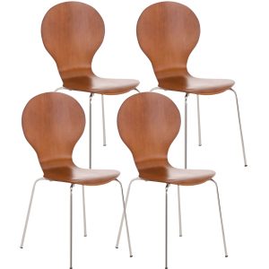 CLP 4x Stapelstuhl DIEGO l Ergonomisch geformter Konferenzstuhl mit Holzsitz und Metallgestell I Stapelbarer Stuhl mit pflegeleichter Sitzfläche... braun