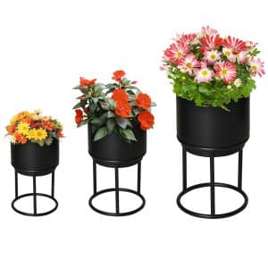 Outsunny Blumenständer Set mit Abflusslöcher schwarz Ø22 x 41H cm   blumenständer blumentopf pflanzenständer blumenhocker