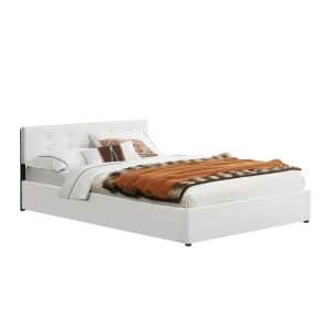 Juskys Polsterbett Marbella 140x200 cm weiß mit Bettkasten & Lattenrost – Bett mit Holzgestell