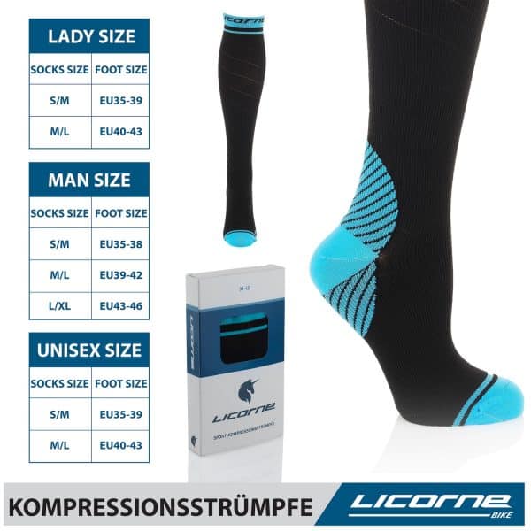 Licorne Kompressions-Thrombose-Stütz-Strümpfe Damen und Herren Compression Socks für Sport Flug Laufen Reisen... Schwarz-Blau