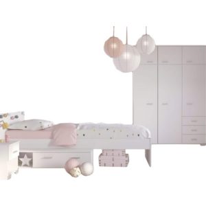 Kinderzimmer Galaxy Parisot 3-tlg inkl. Bett Kleiderschrank Nachtkommode + Schublade + Ablage weiß