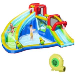 Outsunny Hüpfburg mit Pumpe bunt 385L x 365B x 200H cm   aufblasbare haus  trampolin mit rutsche