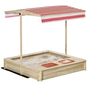 Outsunny Sandkasten mit Vordach natur 107L x 78B x 18H cm   holzsandkasten  kinder  verstellbar