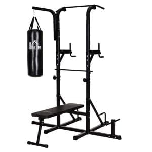 HOMCOM Kraftstation mit Klimmzugstange schwarz 180 x 183 x 219 cm (BxTxH)   Multifunktionale Dipstation Trainingsgerät mit Boxsack