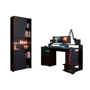 Gamer Set Gaming Parisot 2-tlg. Schreibtisch 152 x 62 cm + Regal B 67cm schwarz LED Beleuchtung