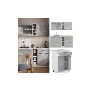 Vicco Küchenzeile Küchenblock Einbauküche R-Line Single Weiß Beton Arbeitsplatte