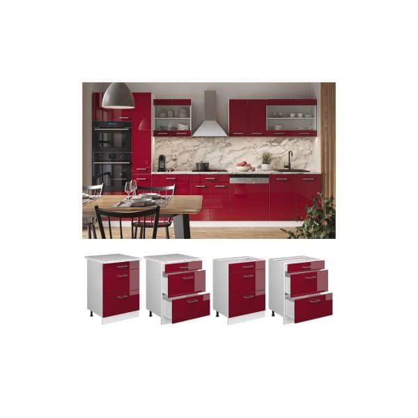 Vicco Schubladenunterschrank Küchenschrank Küchenzeile R-Line 60 cm Weiß Bordeaux Schublade Arbeitsplatte