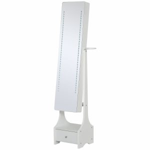 HOMCOM Schmuckschrank mit LED-Beleuchtung weiß 37 x 30 x 158 cm (BxTxH)   Schmuckregal Spiegelschrank mit Schublade Spiegel