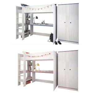 Kinderzimmer Smoozy Parisot 2-tlg. weiß Hochbett 90*200 cm inkl. Schreibtisch + Kleiderschrank