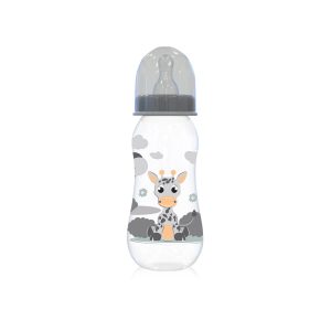 Baby Care Babyflasche 250 ml Tiere Silikonsauger Größe 0+ Schutzdeckel ab Geburt grau