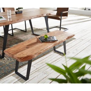 Massivholzbank Live-Edge Akazie Natur 135x40 Gestell schräg schwarz massiv Bank