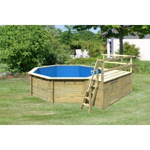 Karibu   Achteck Massivholz Pool 428 x 428 x 124 cm Modell 2C   SET inkl. Sonnenterrasse 96 x 199 cm