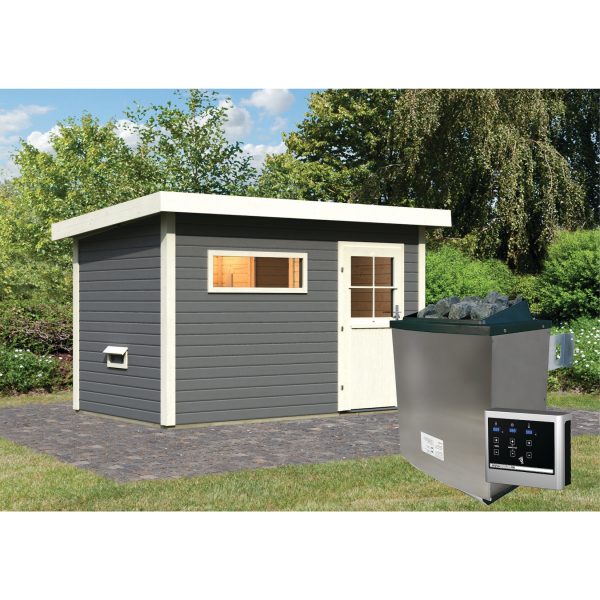 Karibu Saunahaus "Ondo 1" SET terragrau mit Ofen 9 kW ext. Strg