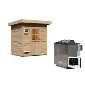 Karibu Saunahaus "Ekiti" SET naturbelassen mit Ofen 9 kW Bio ext. Strg.