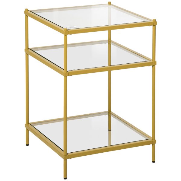 HOMCOM Beistelltisch mit 3 Glasböden gold 40L x 40B x 60H cm   couchtisch  beistelltisch mit 3 glasböden  beistelltisch gold