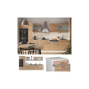 Vicco Küchenzeile Küchenblock Einbauküche R-Line 350 cm Weiß Sonoma Arbeitsplatte