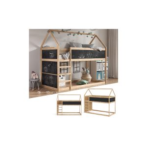 VitaliSpa Kinderstockbett Doppelstockbett Etagenbett Pinocchio Natur Anthrazit modern 205x175 cm Kinderzimmer Rausfallschutz Massivholz Lattenrost Kreidetafel Tafelbett