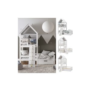 VitaliSpa Spielturmbett Kinderbett Spielbett Teddy Weiß modern 208x235 cm Massivholz Kinderzimmer Lattenrost Bett Schublade Abenteuerbett Kletterbett