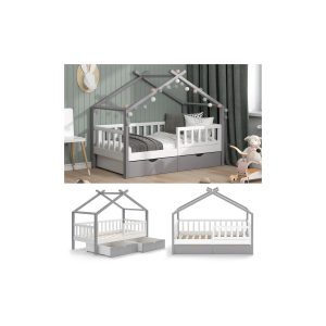 VitaliSpa Kinderbett Hausbett Einzelbett Design Weiß Grau modern 80x160 cm Kinderzimmer Bett Massivholz Lattenrost Schublade Rausfallschutz Schubladenbett