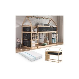 VitaliSpa Kinderstockbett Doppelstockbett Etagenbett Pinocchio Natur Anthrazit modern 205x175 Kinderzimmer Rausfallschutz Massivholz Lattenrost Matratze Kreidetafel Tafelbett