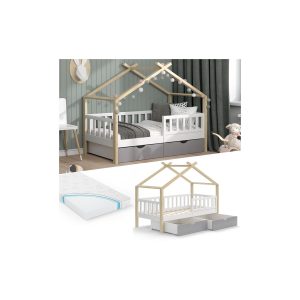 VitaliSpa Kinderbett Hausbett Einzelbett Design Weiß Grau Natur modern 80x160 cm Kinderzimmer Bett Massivholz Lattenrost Schublade Rausfallschutz Schubladenbett Matratze