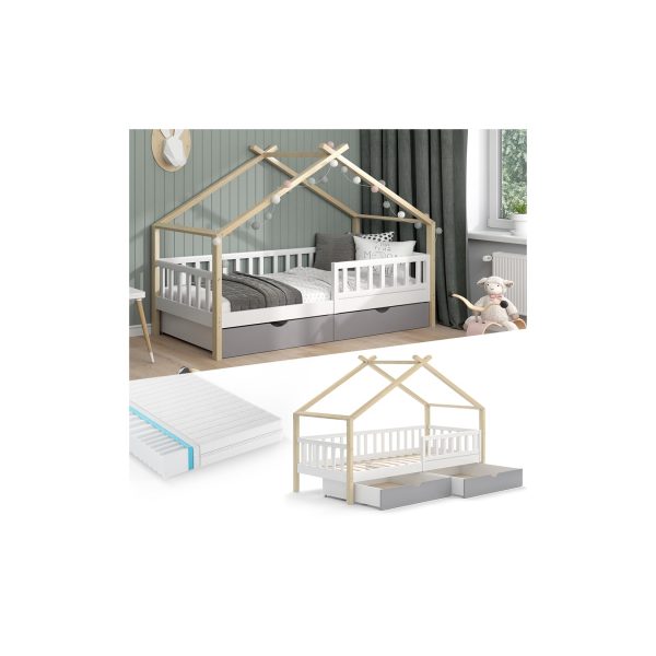 VitaliSpa Kinderbett Hausbett Einzelbett Design Weiß Grau Natur modern 90x200 cm Kinderzimmer Bett Massivholz Lattenrost Schublade Rausfallschutz Schubladenbett Matratze