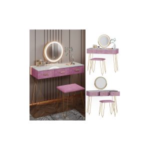 Vicco Schminktisch Frisiertisch Schminkkommode Layla Weiß Rosa LED-Spiegel Design-Hocker 100x79 cm modern Schlafzimmer Kommode Schublade Ablage Aufbewahrung Touch-Switch Kosmetiktisch Make-Up-Tisch