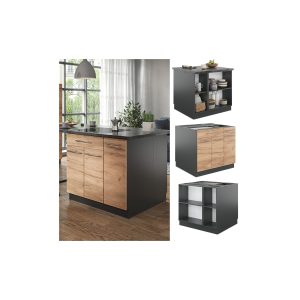 Vicco Kücheninsel Küchenblock Einbauküche Fame-Line Anthrazit Eiche Goldkraft 90 cm modern Hochglanz Küchen Schränke Apothekerunterschrank Schubunterschrank Regalinselunterschrank Softclose-Scharnier Küchenmöbel