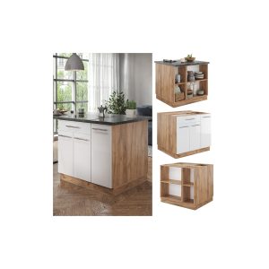 Vicco Kücheninsel Küchenblock Einbauküche Fame-Line Eiche Weiß 90 cm modern Hochglanz Küchen Schränke Apothekerunterschrank Schubunterschrank Regalinselunterschrank Softclose-Scharnier Küchenmöbel