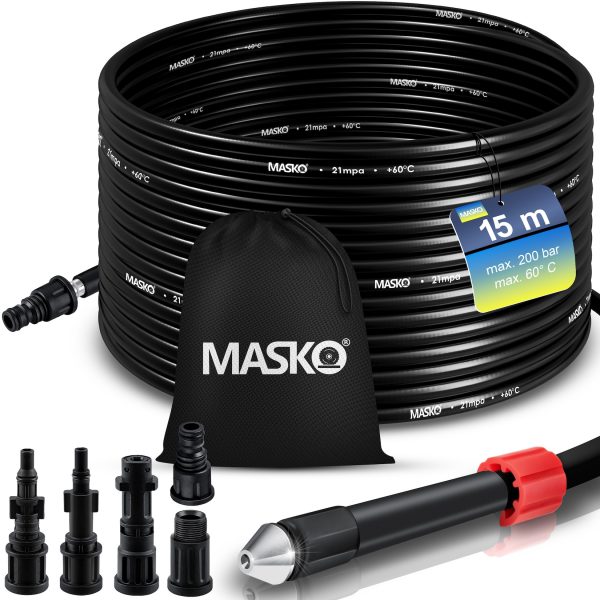 MASKO® Rohrreinigungsschlauch Set Abflussreiniger 200 bar inkl. Tasche 5 Adapter Düsen + rotierend kompatibel mit Kärcher k2-k7 Serie LAVOR Hochdruckreiniger universal Rohrreinigungsset