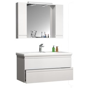 VCM 3-tlg. Waschplatz Waschtisch 100 cm Badmöbel Set Waschbecken grifflose Schublade Spiegelschrank Silora XL