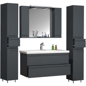 VCM 5-tlg. Waschplatz Waschtisch 100 cm Badmöbel Set Waschbecken grifflose Schublade Spiegelschrank Hochschrank Silora XL