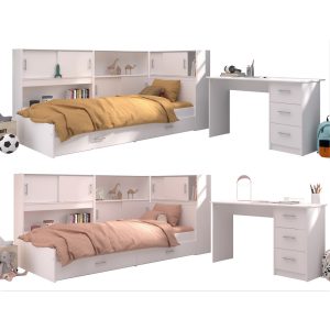Kinderzimmer Snoop Parisot 3-tlg Bett 90*200 cm inkl. Schubkästen + 3 Regale + Schreibtisch weiß