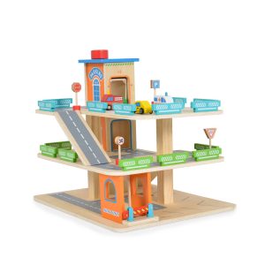 Moni Kinderspielzeug Holz-Parkhaus drei Etagen 25-tlg. 4 Autos 3 Etagen Schranke bunt