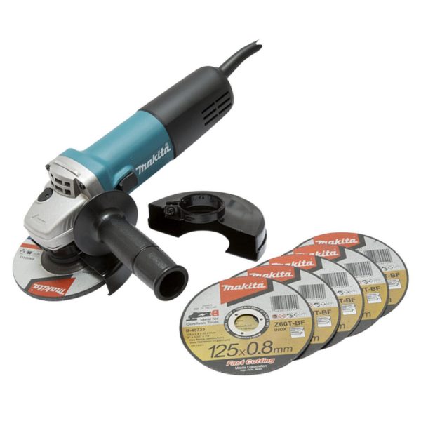 Makita 9558HNRX1 Winkelschleifer 840W 125mm mit Schruppscheibe und 5 Trennscheiben