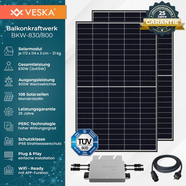 Balkonkraftwerk 830 W / 800 W Photovoltaik Solaranlage Steckerfertig WIFI Smarte Mini-PV Anlage 800 Watt