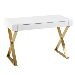 FineBuy Schreibtisch Hochglanz Weiß Gold 118 cm Holz Computertisch Tisch Büro