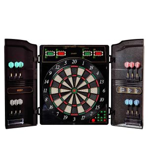 Best Sporting Dartscheibe elektronisch Oxford Evolution I Dartscheibe elektronisch mit LED-Anzeigen I E-Dartscheibe mit 12 Dartpfeilen & Ersatzspitzen I Dartboard Kabinett mit Walnuss-Optik