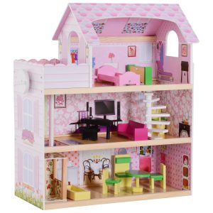 HOMCOM Kinder Puppenhaus mit Möbeln rosa 60 x 30 x 71