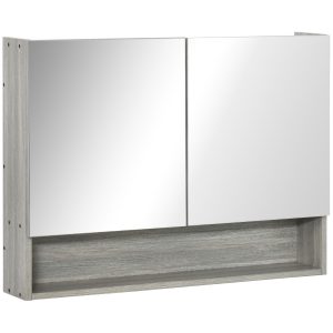 kleankin Spiegelschrank mit Tür grau 80L x 15B x 60H cm   badspiegel  badschrank mit zwei türen  hängeschrank  mehrzweckschrank