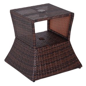 Outsunny Rattan-Gartentisch mit Sonnenschirm-Halterung braun 54 x 54 x 55 cm (LxBxH)   Balkontisch Beistelltisch Gartenmöbel Campingtisch