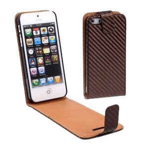 Handy Tasche Flip dünn Carbon look für Handy iPhone 5 & 5s Braun