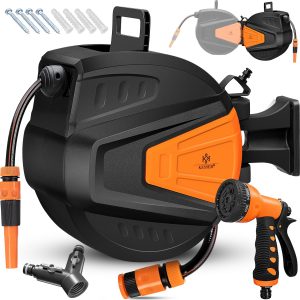 KESSER® Schlauchtrommel Wasser Schlauchaufroller Inkl. 2-Wege-Verteiler + Multi-Handbrause Wasserschlauchtrommel Automatik   180° Schwenkbar   Wandhalterung   Gartenschlauch   Orange