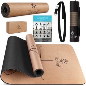 KESSER® Yogamatte Kork Inkl. Tragegurt Tasche & Yoga-Block Gymnastikmatte Yoga Matte rutschfest aus Naturkautschuk TPE Fitnessmatte