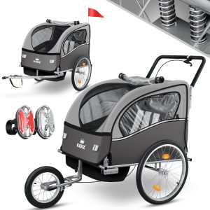 KIDIZ® 3in1 Fahrradanhänger Jogger Kinderanhänger Joggerfunktion Kinderfahrradanhänger für 1 bis 2 Kinder 5-Punkt Sicherheitsgurt inkl. Fahne und LED-Lichtern max. 26kg Fahrrad Anhänger