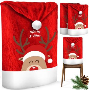 KESSER® Premium Weihnachtsstuhlüberzug Set Stuhlhussen für Weihnachten Nikolausmütze Stuhlbezug Husse Weihnachtsdeko für Stühle Überzieher - Stuhlabdeckung im weihnachtlichen Design