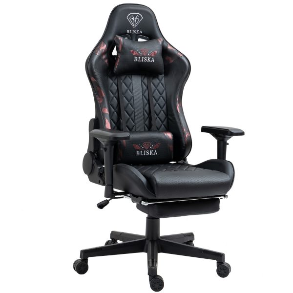 Gaming Stuhl mit Fußstütze und ergonomsichen 4D-Armlehnen gaming chair in ergonomischer Sportsitz Optik Gamer Stuhl mit verstellbaren Rückenstützkissen Bürostuhl