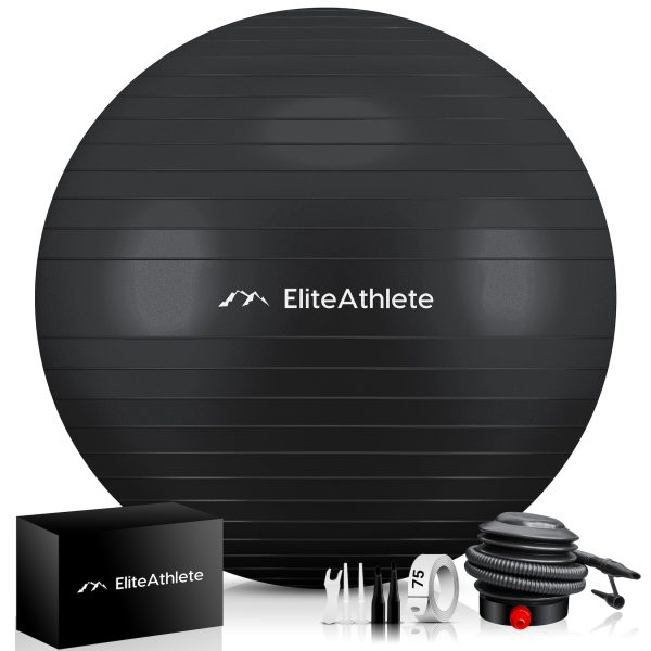 EliteAthlete® Gymnastikball Sitzball Büro ergonomisch mit Anti Burst System - Fitness Yoga Pilates Schwangerschaft - Schwangerschaftsball Fitnessball Yogaball - Yoga Ball inkl. Luftpumpe - Black 65cm