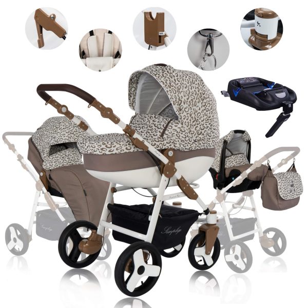 Friedrich Hugo Simpligo   4 in 1 Kinderwagen Komplettset   ISOFIX Basis   Luftreifen   Farbe: Leopard Beige (Stoff)